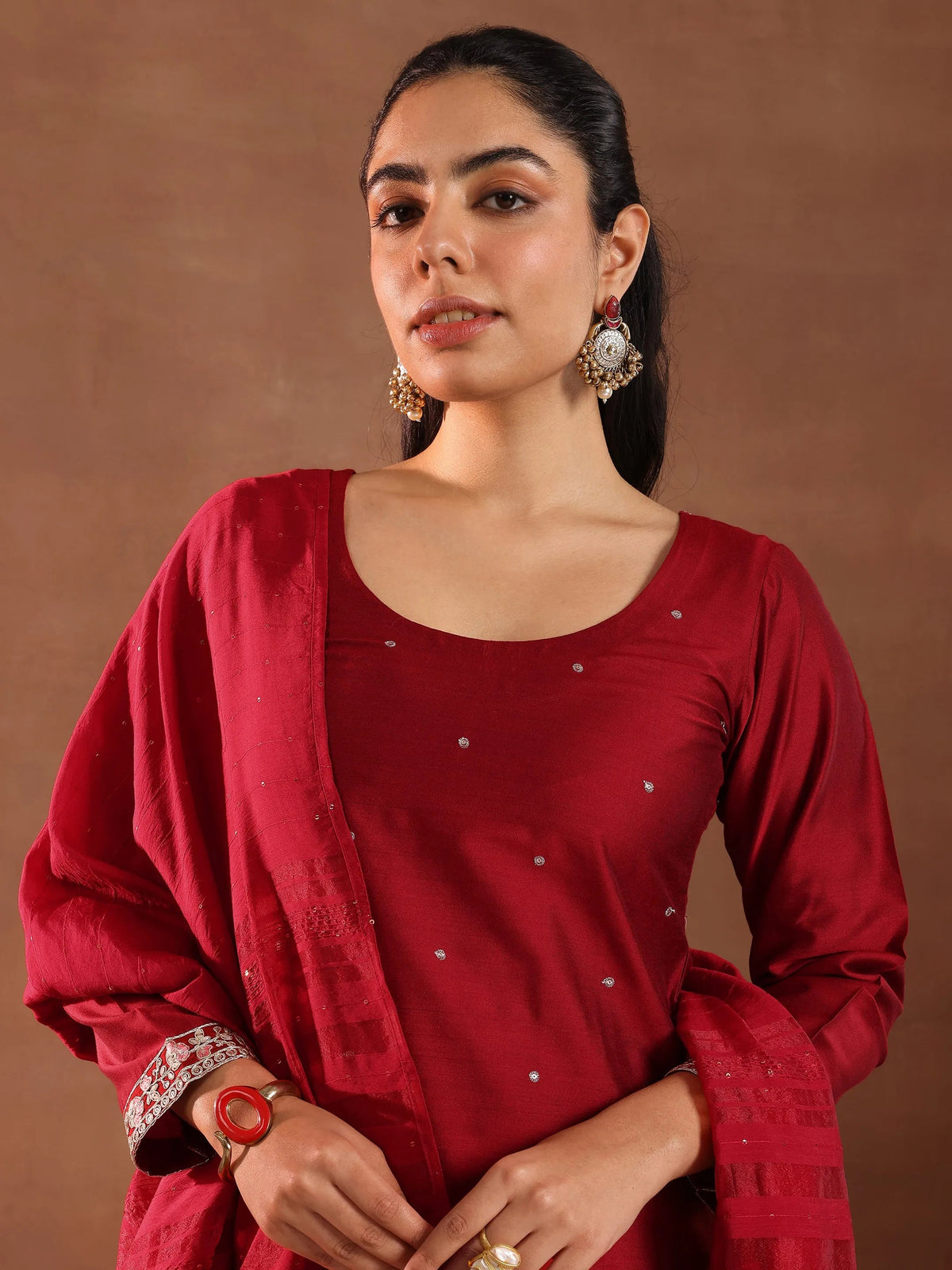 Gerua Red Embroidered Silk Blend Straight Suit Set With Dupatta