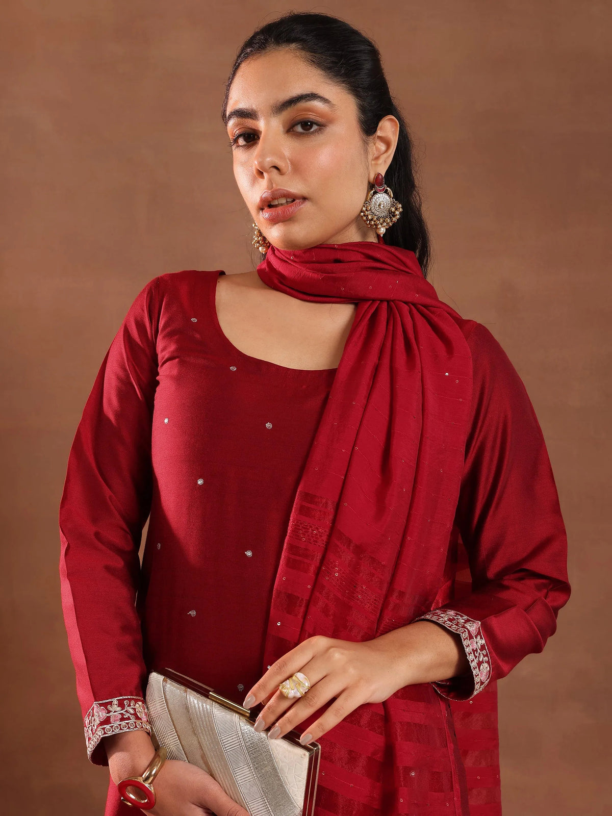 Gerua Red Embroidered Silk Blend Straight Suit Set With Dupatta