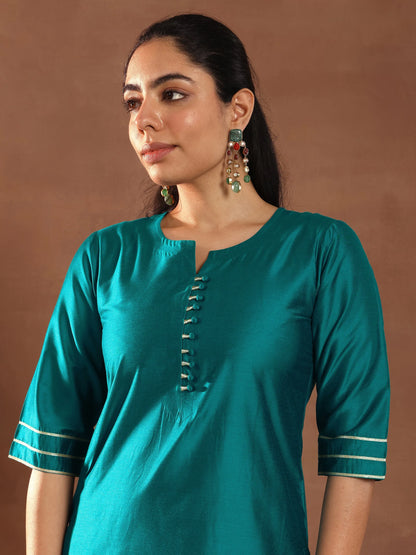 Gerua Teal Solid Silk Blend Straight Suit Set With Dupatta