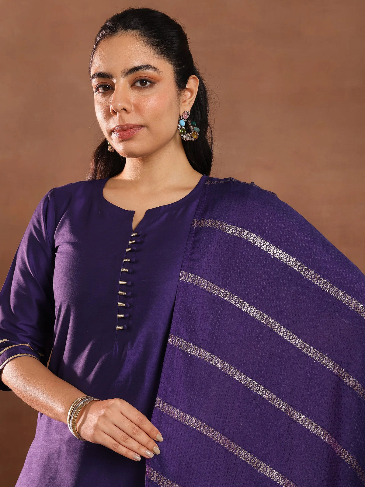 Gerua Purple Solid Silk Blend Straight Suit Set With Dupatta