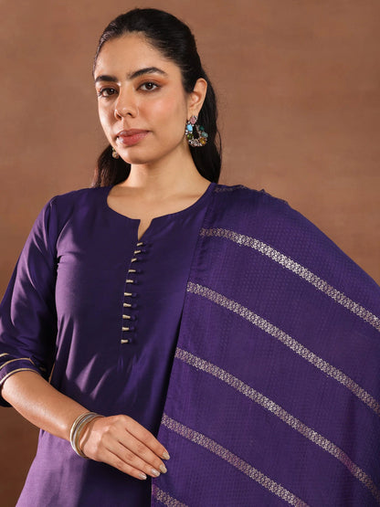 Gerua Purple Solid Silk Blend Straight Suit Set With Dupatta