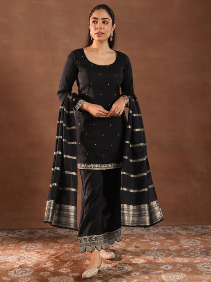 Gerua Black Embroidered Silk Blend Straight Suit Set With Dupatta