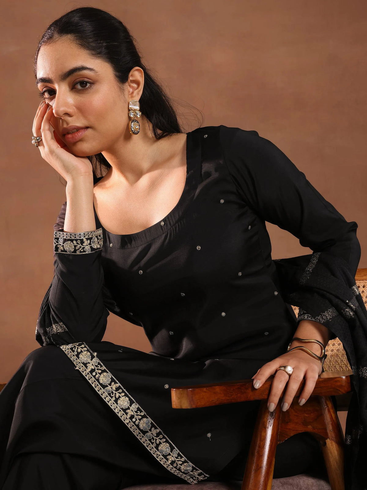 Gerua Black Embroidered Silk Blend Straight Suit Set With Dupatta