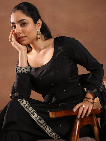 Gerua Black Embroidered Silk Blend Straight Suit Set With Dupatta