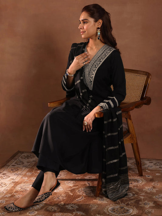 Gerua Black Embroidered Silk Blend A-Line Suit Set With Dupatta