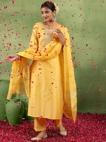 Gerua Yellow Embroidered Silk Blend Straight Suit With Dupatta