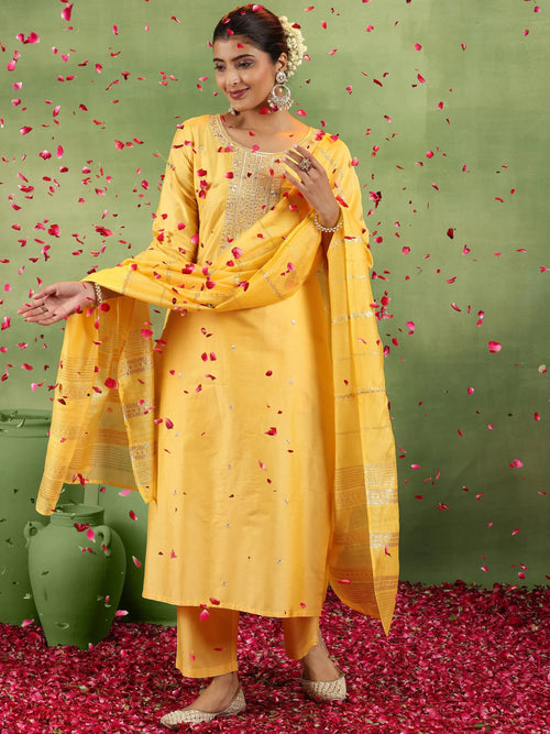 Gerua Yellow Embroidered Silk Blend Straight Suit With Dupatta