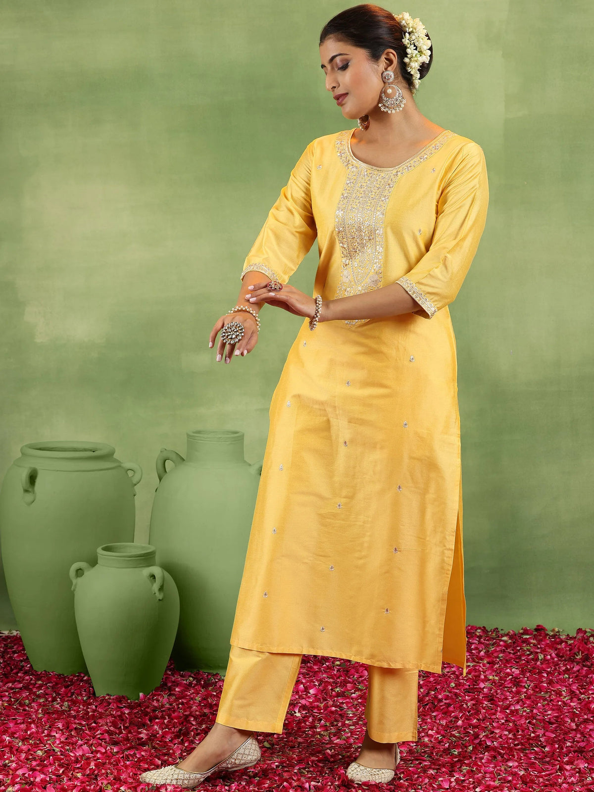 Gerua Yellow Embroidered Silk Blend Straight Suit With Dupatta