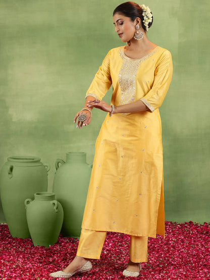 Gerua Yellow Embroidered Silk Blend Straight Suit With Dupatta
