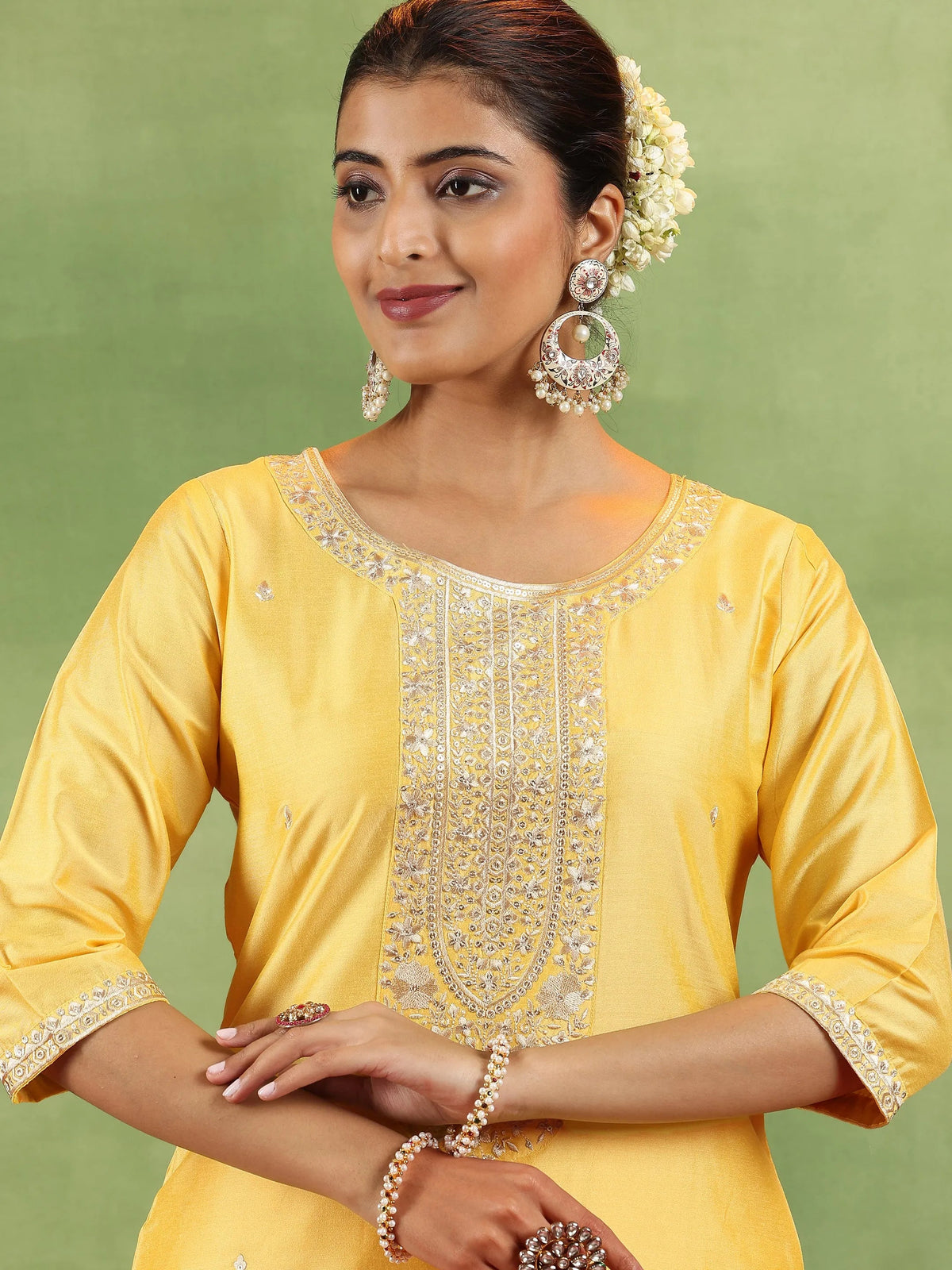 Gerua Yellow Embroidered Silk Blend Straight Suit With Dupatta
