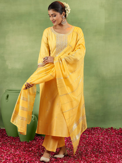Gerua Yellow Embroidered Silk Blend Straight Suit With Dupatta