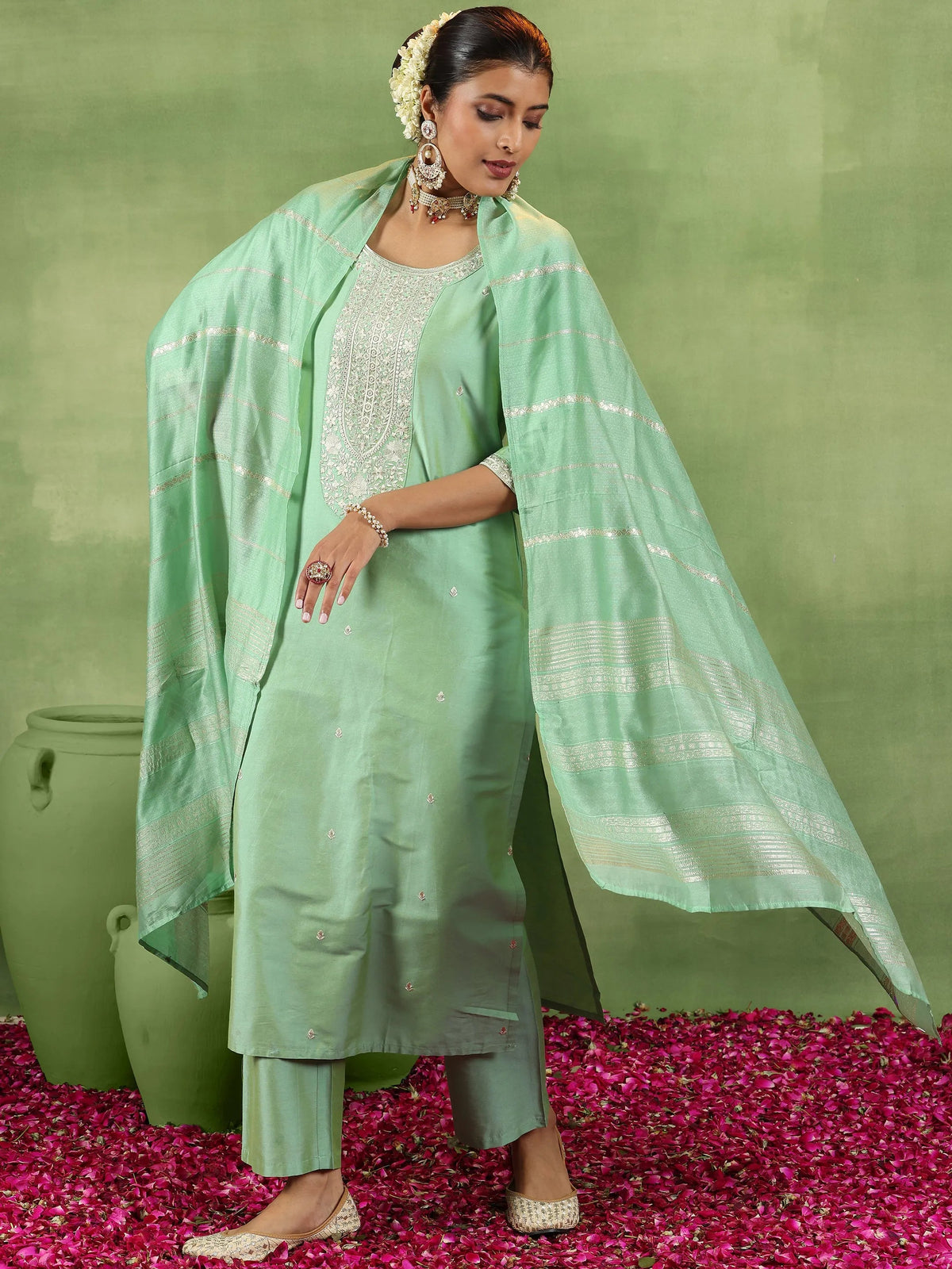 Gerua Green Embroidered Silk Blend Straight Suit With Dupatta