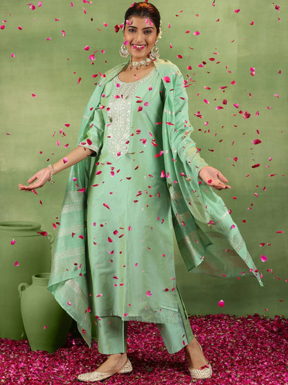 Gerua Green Embroidered Silk Blend Straight Suit With Dupatta