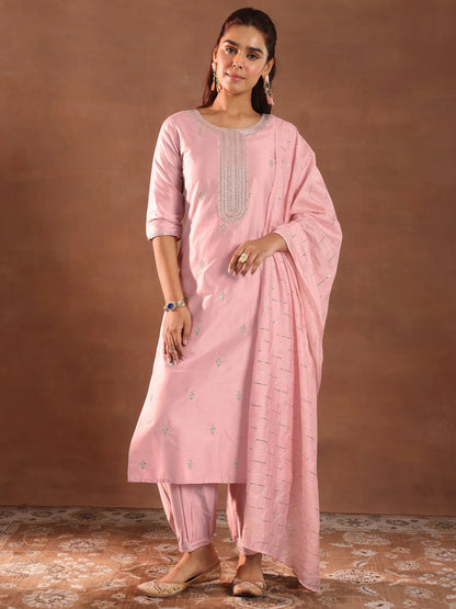 Gerua Pink Embroidered Silk Blend Straight Suit Set With Dupatta