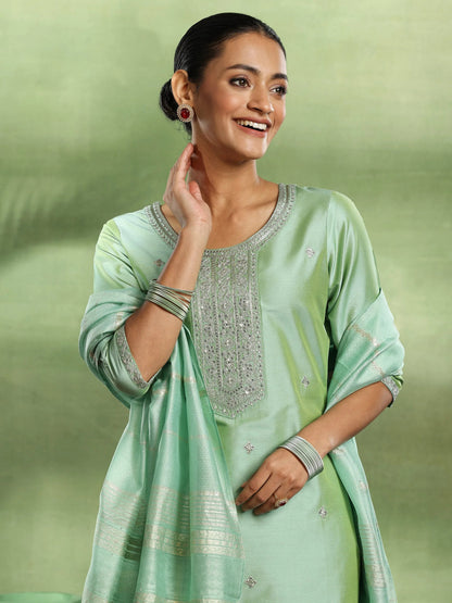 Gerua Green Embroidered Silk Blend Straight Suit With Dupatta