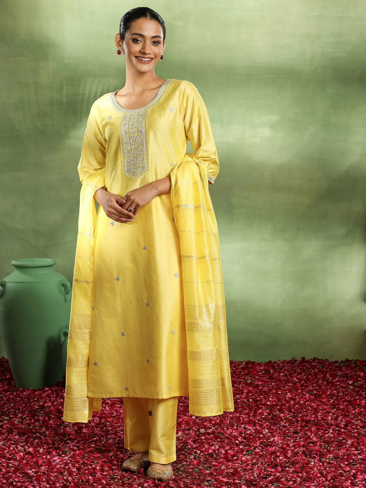Gerua Yellow Embroidered Silk Blend Straight Suit With Dupatta