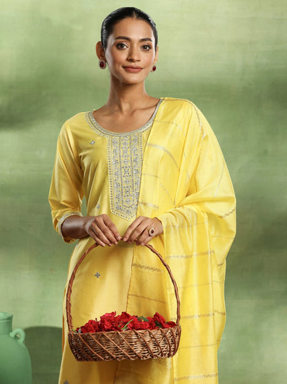 Gerua Yellow Embroidered Silk Blend Straight Suit With Dupatta