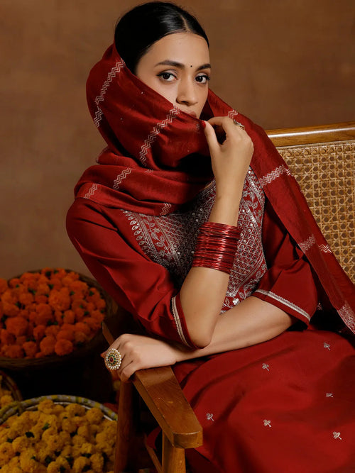 Gerua Maroon Yoke Design Silk Blend Straight Suit With Dupatta