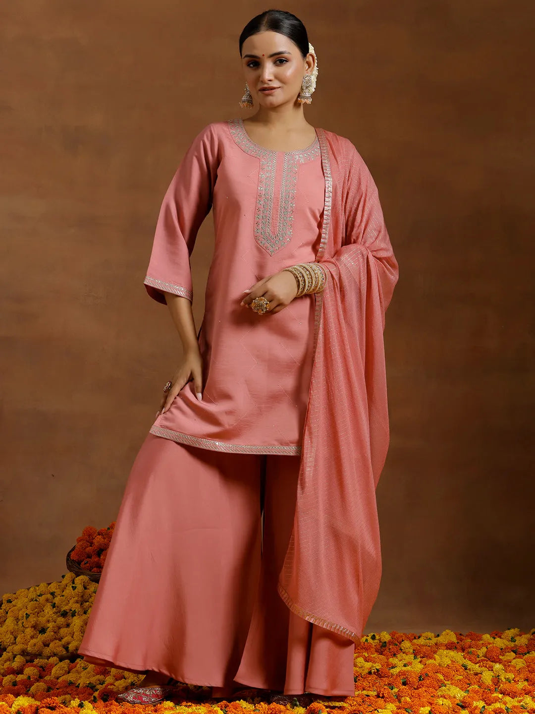 Gerua Peach Yoke Design Silk Blend Straight Suit With Dupatta