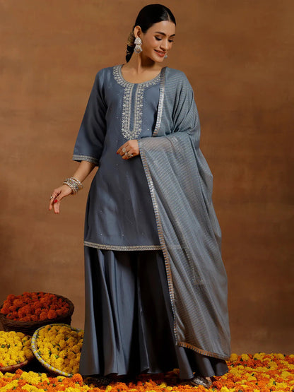 Gerua Grey Yoke Design Silk Blend Straight Suit With Dupatta