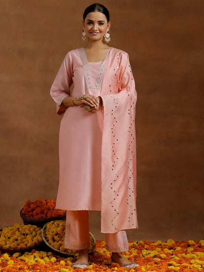 Gerua Peach Yoke Design Silk Blend Straight Suit With Dupatta