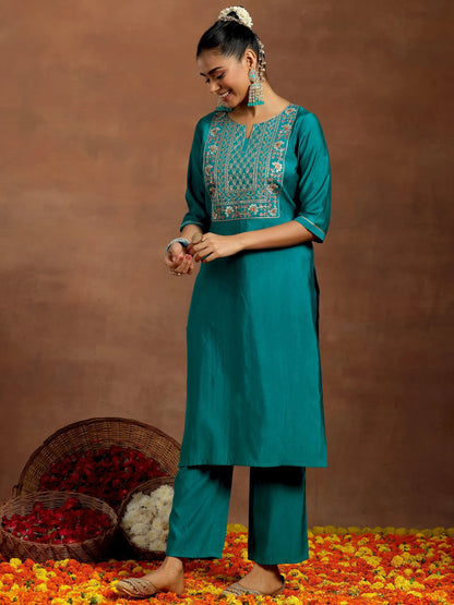 Gerua Teal Yoke Design Silk Blend Straight Suit With Dupatta