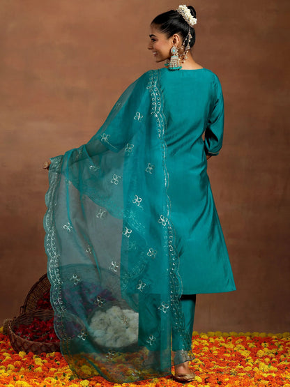 Gerua Teal Yoke Design Silk Blend Straight Suit With Dupatta