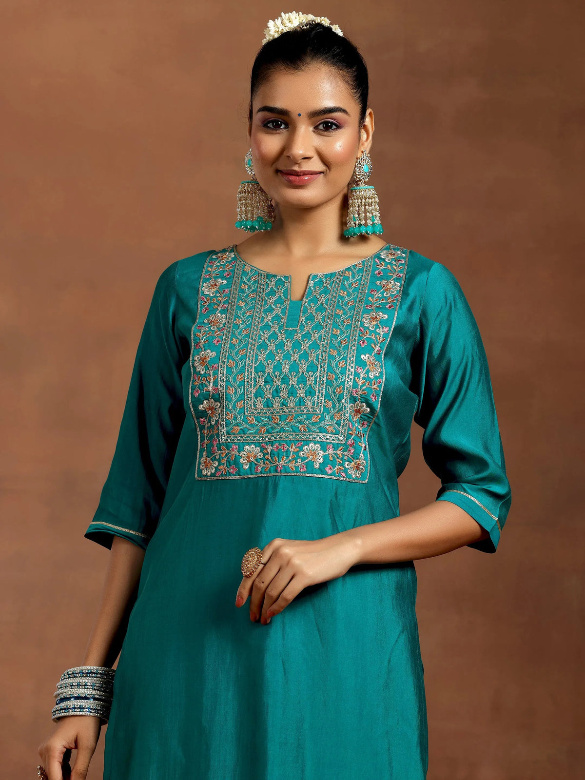Gerua Teal Yoke Design Silk Blend Straight Suit With Dupatta