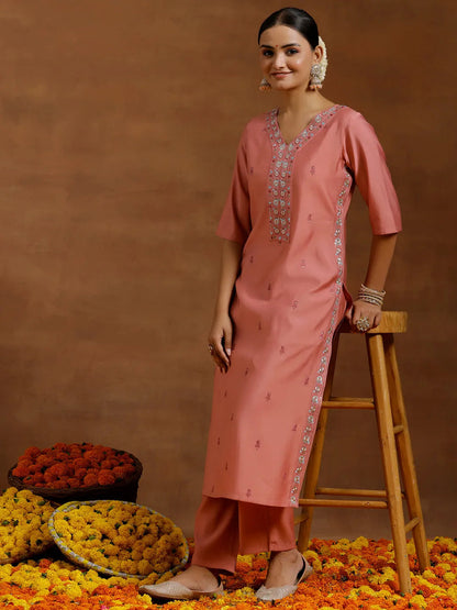 Gerua Peach Embroidered Silk Blend Straight Kurta Set