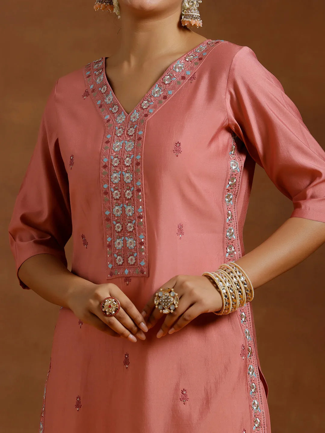 Gerua Peach Embroidered Silk Blend Straight Kurta Set