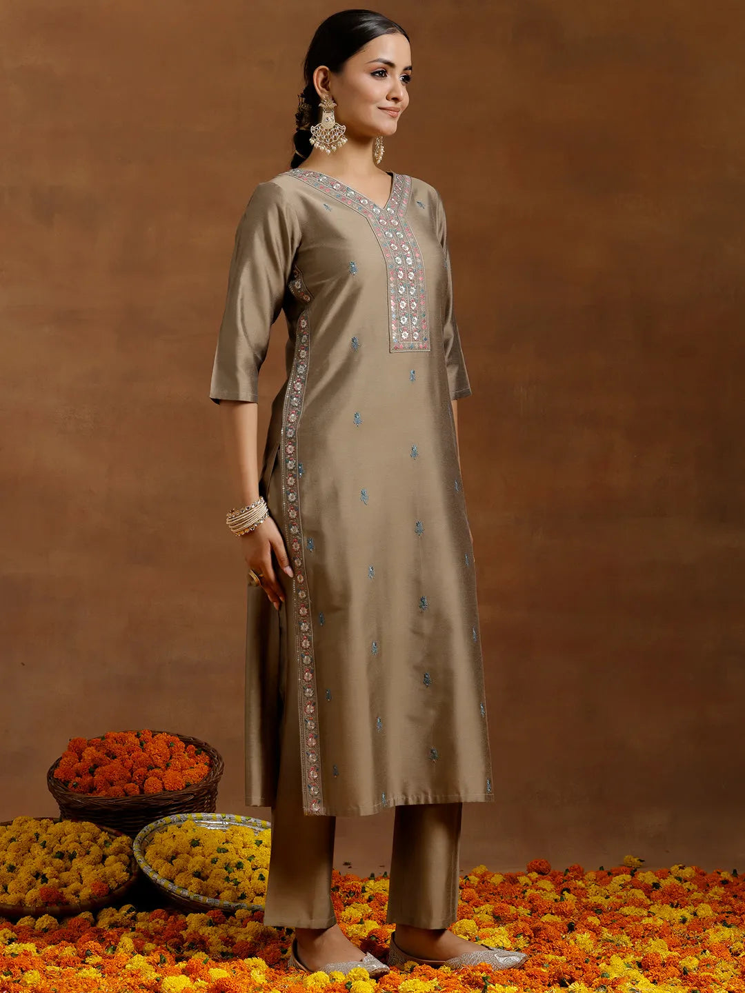 Gerua Gold Embroidered Silk Blend Straight Kurta Set