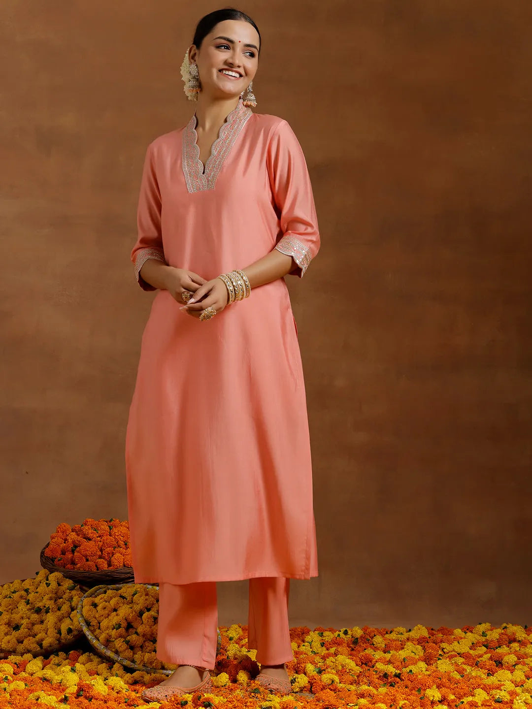 Gerua Peach Embroidered Silk Blend Straight Kurta Set