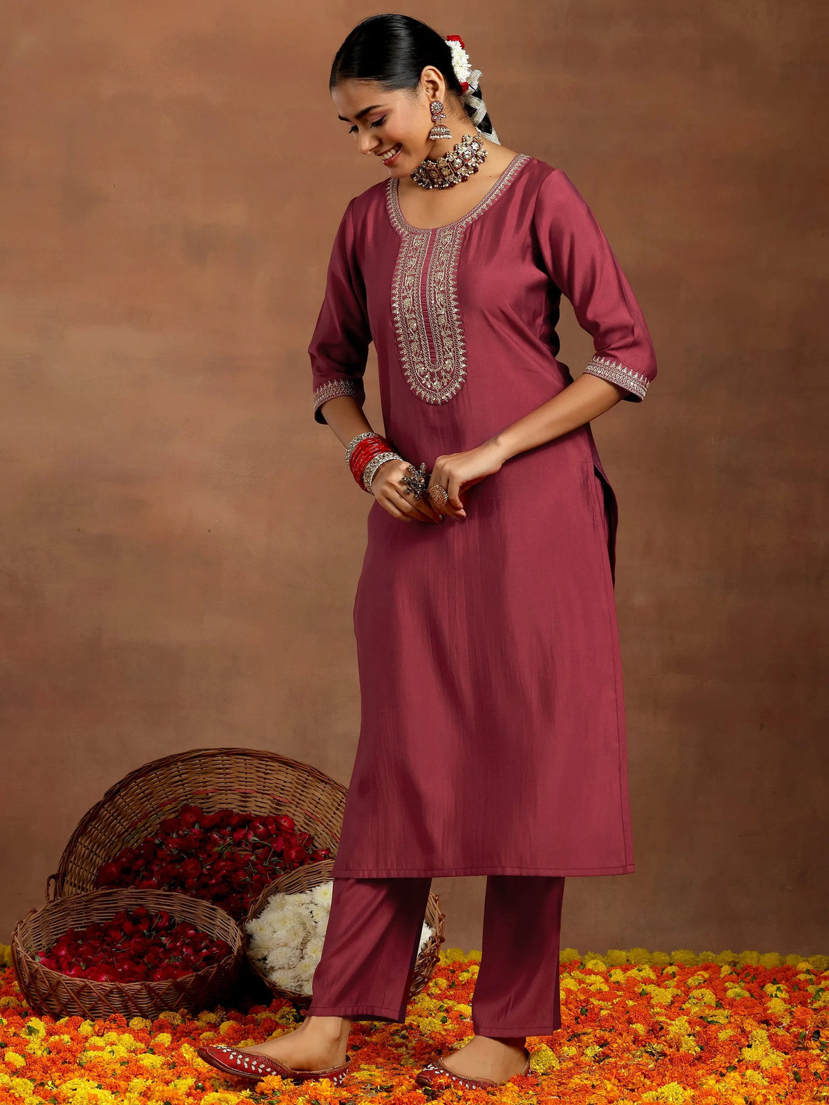 Gerua Rust Yoke Design Silk Blend Straight Suit With Dupatta