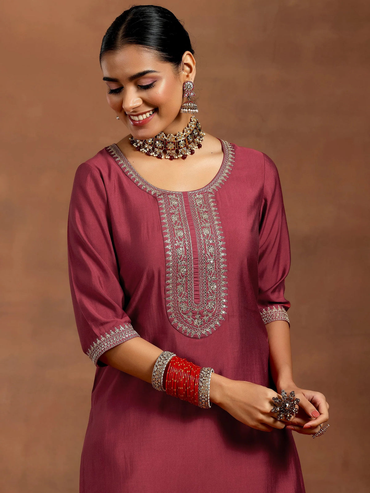 Gerua Rust Yoke Design Silk Blend Straight Suit With Dupatta