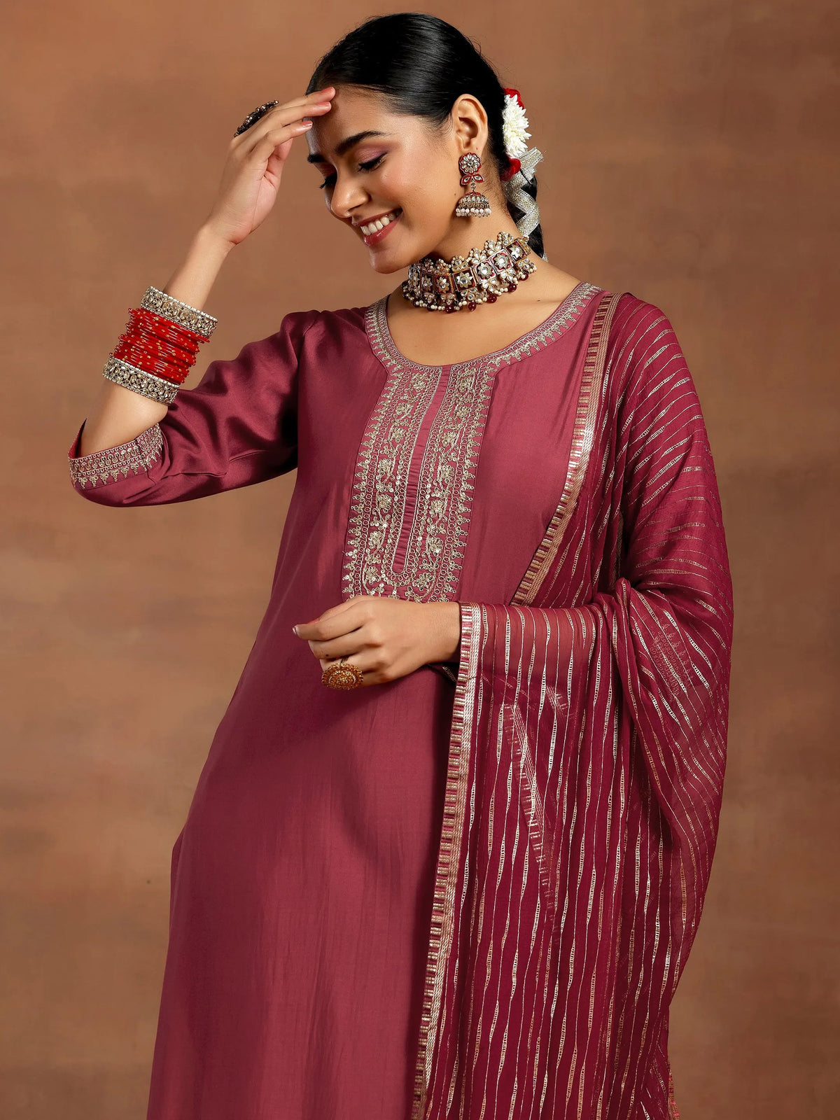 Gerua Rust Yoke Design Silk Blend Straight Suit With Dupatta