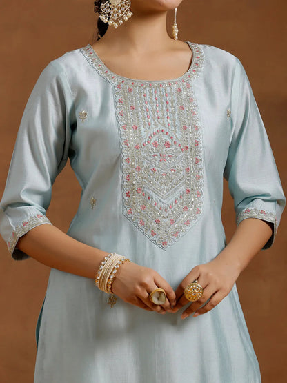 Gerua Blue Embroidered Silk Blend Straight Kurta Set