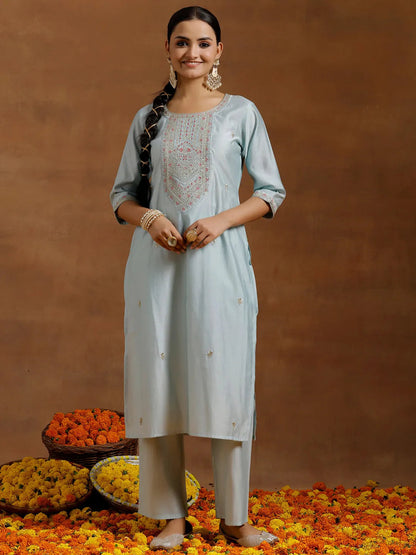 Gerua Blue Embroidered Silk Blend Straight Kurta Set