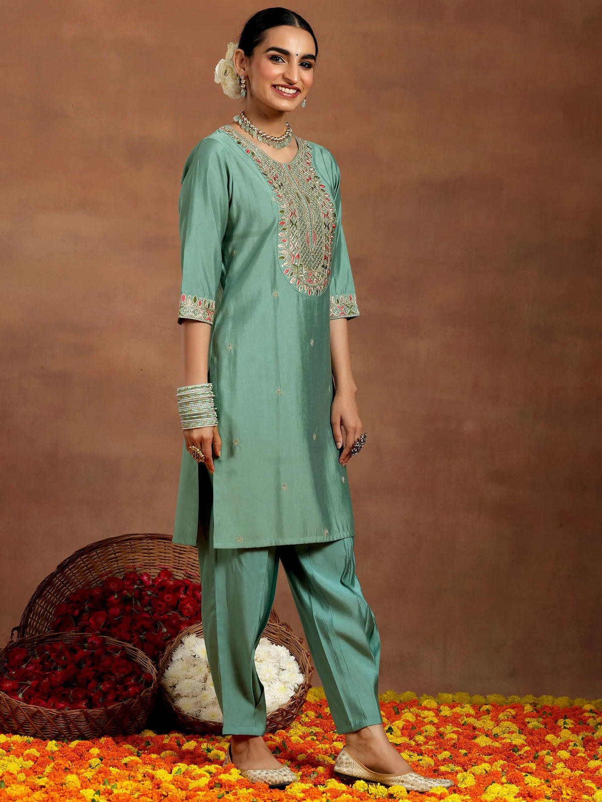 Gerua Green Embroidered Silk Blend Straight Suit With Dupatta