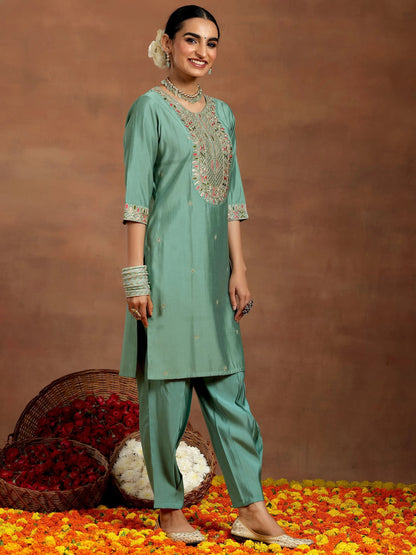 Gerua Green Embroidered Silk Blend Straight Suit With Dupatta