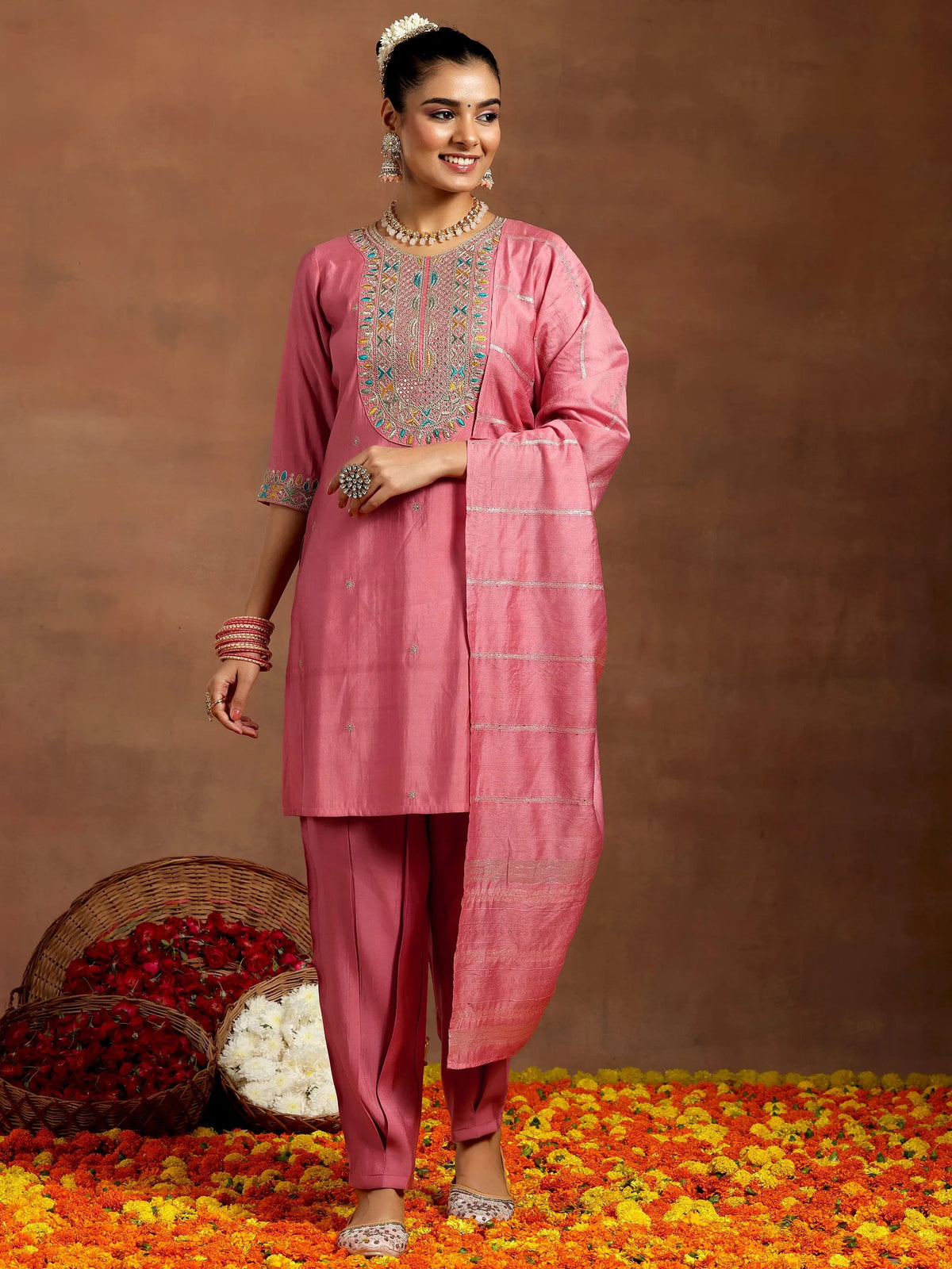 Gerua Peach Embroidered Silk Blend Straight Suit With Dupatta