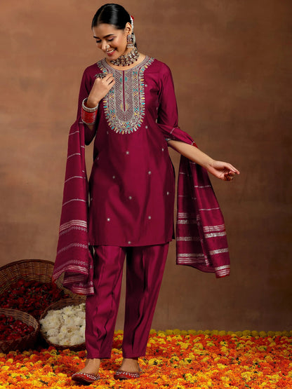 Gerua Maroon Embroidered Silk Blend Straight Suit With Dupatta