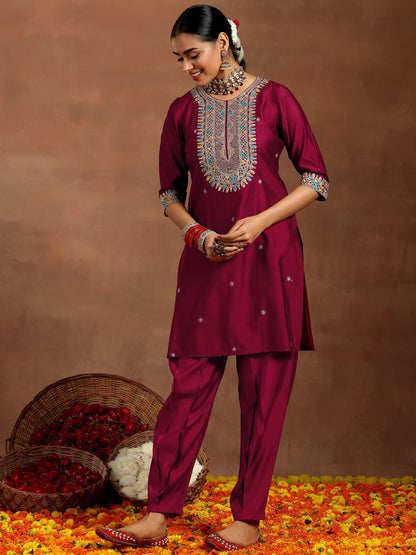Gerua Maroon Embroidered Silk Blend Straight Suit With Dupatta