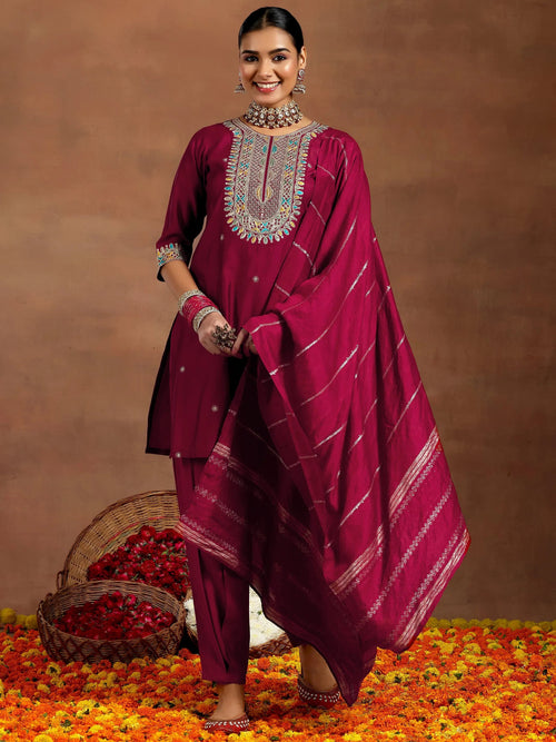Gerua Maroon Embroidered Silk Blend Straight Suit With Dupatta
