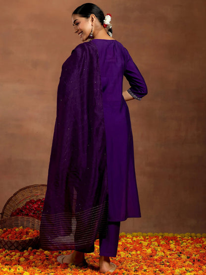 Gerua Purple Embroidered Silk Blend Straight Suit With Dupatta