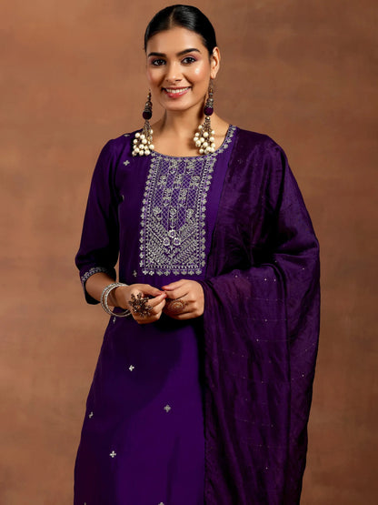 Gerua Purple Embroidered Silk Blend Straight Suit With Dupatta