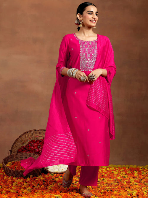 Gerua Pink Embroidered Silk Blend Straight Suit With Dupatta