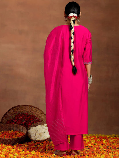 Gerua Pink Embroidered Silk Blend Straight Suit With Dupatta
