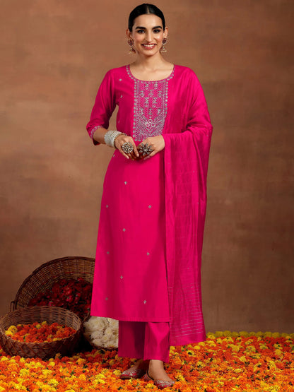Gerua Pink Embroidered Silk Blend Straight Suit With Dupatta