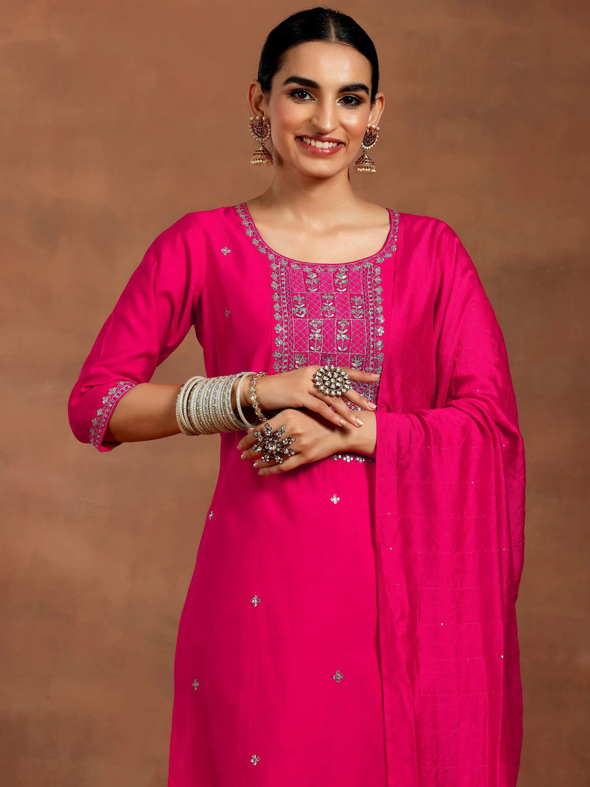 Gerua Pink Embroidered Silk Blend Straight Suit With Dupatta