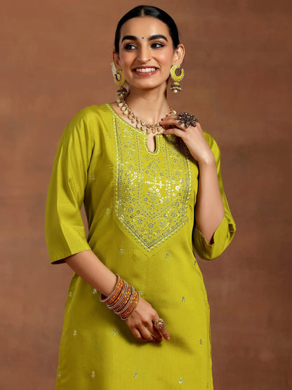 Gerua Lime Green Embroidered Silk Blend Straight Kurta Set